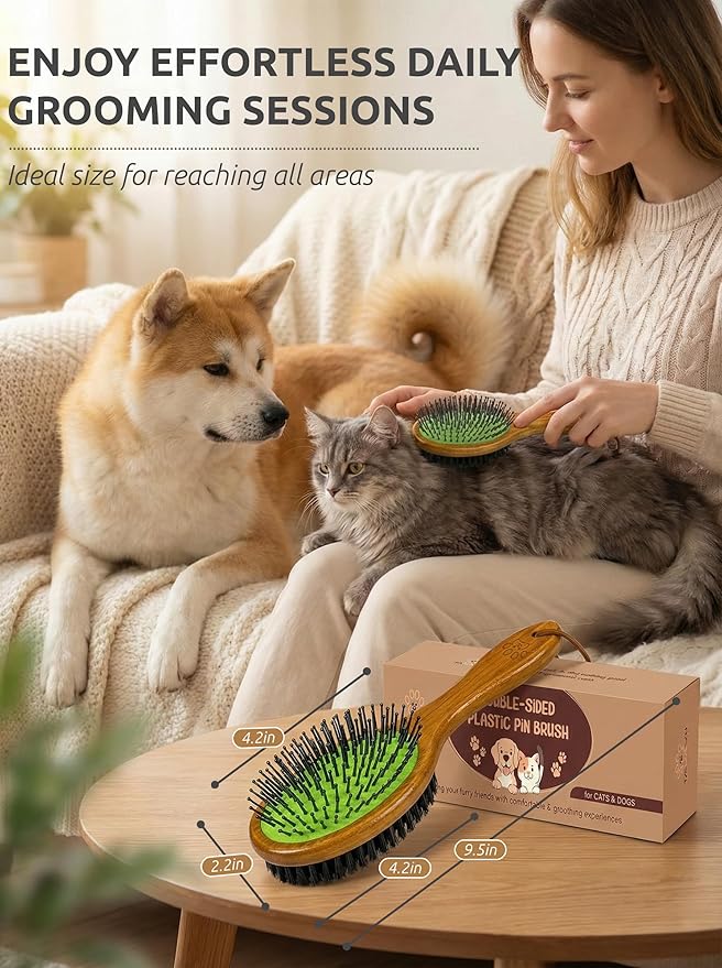 TAKAVU Pin & Bristle Pet Brush for Dogs & Cats - Double Sided Grooming Tool Detangles, Removes Loose Hair & Conditions Coat - Wood Handle