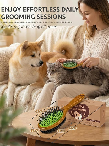 TAKAVU Pin & Bristle Pet Brush for Dogs & Cats - Double Sided Grooming Tool Detangles, Removes Loose Hair & Conditions Coat - Wood Handle