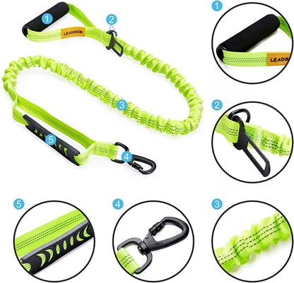 LEADSOM 6FT Highly Reflective Heavy Duty Elastic Bungee Medium and Large Dog Leash Shock Absorbing with Comfortable Padded Handle and Traffic Handle Suitable for Training