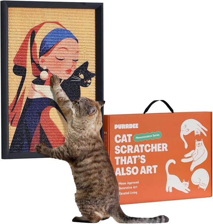 Decorative Wall Art Cat Scratcher for Vertical Scratching, 14"x20" Framed Sisal Scratch Pad Mat with Renter-Friendly No-Drill Wall Mounted Setup, Durable Alternative to Cardboard (Girl with Purr)