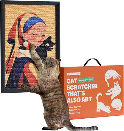Decorative Wall Art Cat Scratcher for Vertical Scratching, 14"x20" Framed Sisal Scratch Pad Mat with Renter-Friendly No-Drill Wall Mounted Setup, Durable Alternative to Cardboard (Girl with Purr)