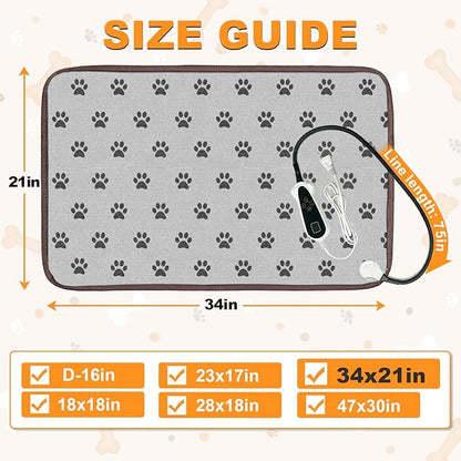 Large Dog Heating Pad 34x21in Smart Thermostat Switch Heated Dog Bed,Obtained MET and UL Dual Certification,Waterproof Bite-Resistant Pet Heating pad- Paw