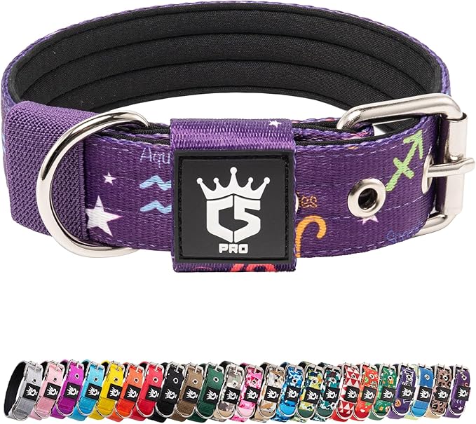 TSPRO Tactical Dog Collar 1.25 Inch Wide Thick Dog Collars with Heavy Duty Metal Buckle, Durable, Strong, Adjustable for Small Dogs (Constellation Purple S)