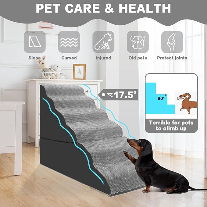 MALOROY Dog Stairs for High Beds 30-36 inches Tall, 6-Step Dog Steps for Bed 32-36 inches for Small Large Dogs, Doggie Ramp for Bed, 30D Foam Pet Stairs for Old Dogs/Cats, Free-Installation, Grey