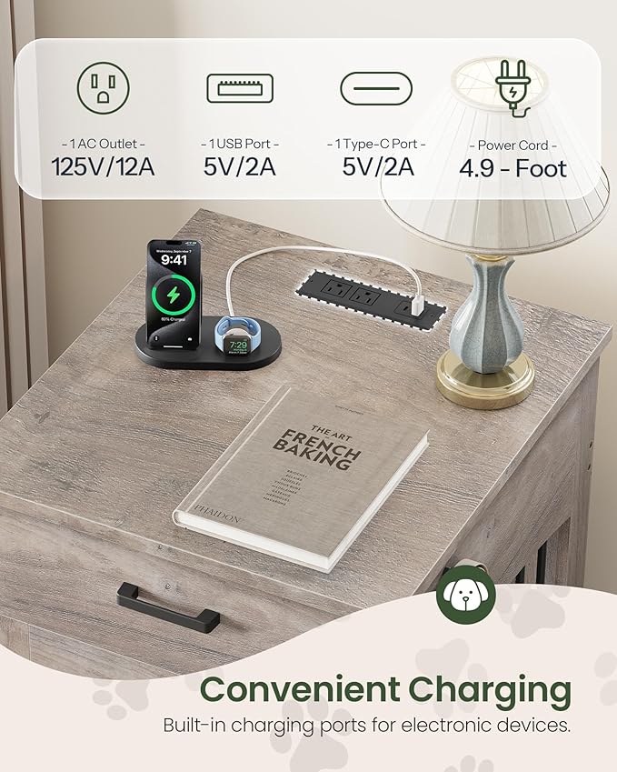 CHOEZON Dog Crate Furniture, Wooden Dog House with Charging Station and Storage Drawer, Indoor Pet Crate End Table for Small Breeds, for Living Room, Bedroom, Greige MGW01UFH