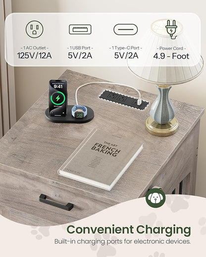 CHOEZON Dog Crate Furniture, Wooden Dog House with Charging Station and Storage Drawer, Indoor Pet Crate End Table for Small Breeds, for Living Room, Bedroom, Greige MGW01UFH