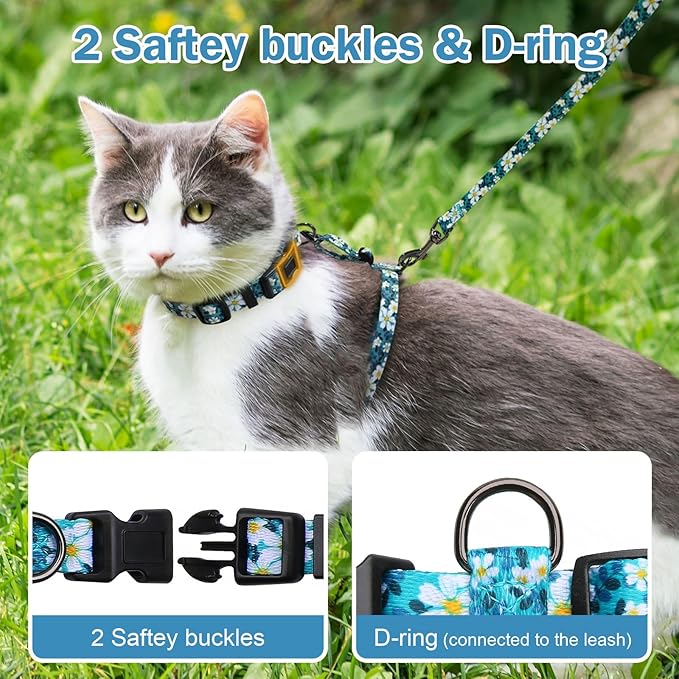 Hikiko Cat Harness and Leash Set Escape Proof Adjustable Walking Travel Cute Girl Kitten Harness for Small Medium Large Cats (Green Flower, S)