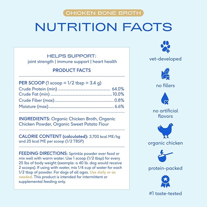 Native Pet Bone Broth for Dogs and Cats - Chicken Bone Broth Powder Dog Food Toppers for Picky Eaters - Provides Extra Nutrition for Joint Strength, Immune Support & Heart Health - 48 Scoops