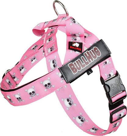 BULLHUG Adjustable Dog Harness– No Pull, No Choke – for English Bulldogs, French Bulldogs, Pugs & Broad-Chested Breeds – Easy, Safe Walks (Pink Skull, XS)