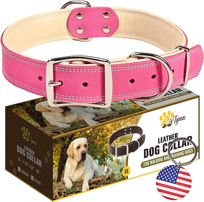 ADITYNA Heavy-Duty Pink Leather Dog Collar for Extra-Large Dogs - Soft Padded for Comfort - Big Girl Dog Collar for Walking, Training, and Hiking