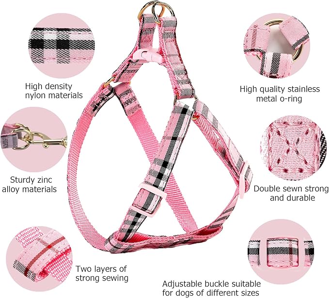NISIYE Cute Plaid Dog Collar Harness and Leash with Safety Buckle - Adjustable and No Pull Comfortable Dog Collars for Small Puppy, Stylish Durable Gift for Boy Girl Pets