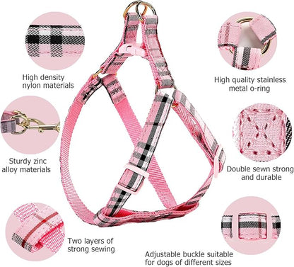 NISIYE Cute Plaid Dog Collar Harness and Leash with Safety Buckle - Adjustable and No Pull Comfortable Dog Collars for Small Puppy, Stylish Durable Gift for Boy Girl Pets