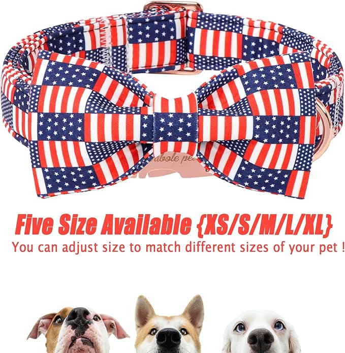 4th of July Dog Collar with Bow Tie - Independence Day Star Flag Bowtie Collar Safety American Flag Patriotic Dog Collars for Small Medium Large Dogs S