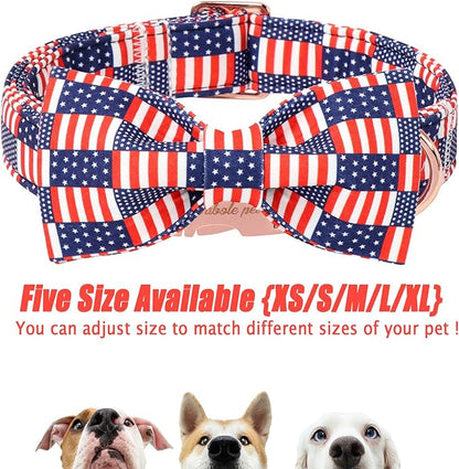 4th of July Dog Collar with Bow Tie - Independence Day Star Flag Bowtie Collar Safety American Flag Patriotic Dog Collars for Small Medium Large Dogs S