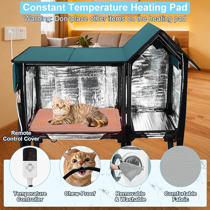 Xosody Heated Cat House for Outside Cats- 100% Weatherproof Insulated Outdoor Cat House with Heating Pad, Elevated Base & Safe Escape Door, Warm Kitty Shelter for Feral or Stray Cats in Winter