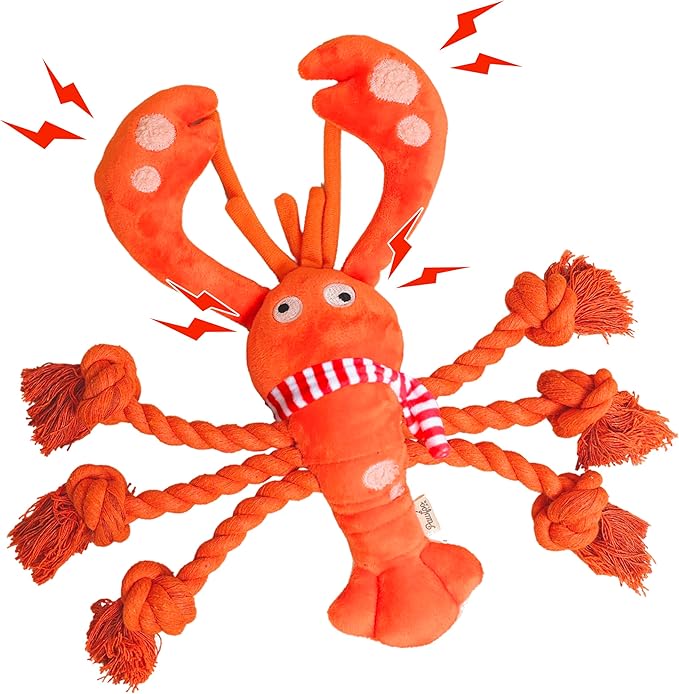 Pawfoo Lab Squeaky Dog Toys, Rope Tug of War Dog Toys, Interactive Lobster Plush Chew Toys, Dog Gifts for Puppy, Small Medium Large Dogs