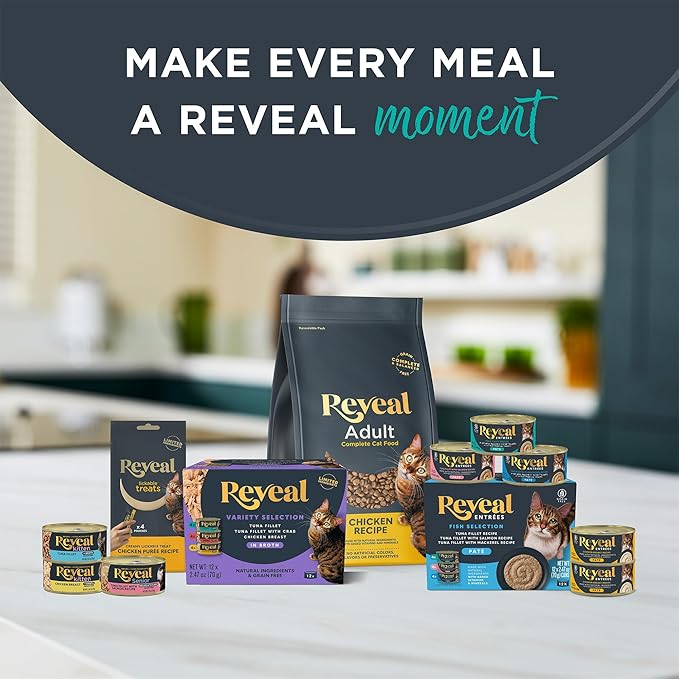 Reveal Natural Wet Canned Cat Food, 3-Flavor Variety Pack, Limited Ingredient, Grain Free, High Protein with No Artificial Additives, Chicken Variety in Broth, (12x 2.47 oz Cans)