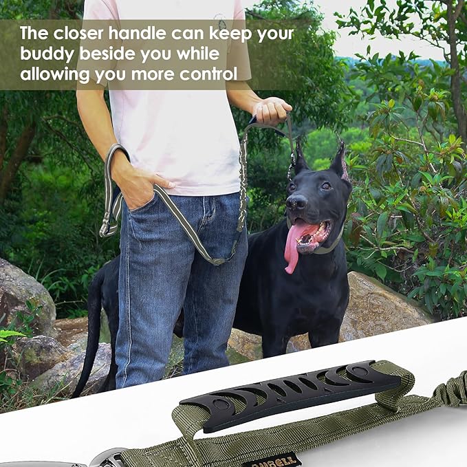 AUBELL Tactical Dog Leash Heavy Duty,4-6ft Reflective Strong No Pull Bungee Leash for Small Dogs with Comfortable Padded Double Handle,Car Seat Belt,360 Degree Rotating Carabiner,Green
