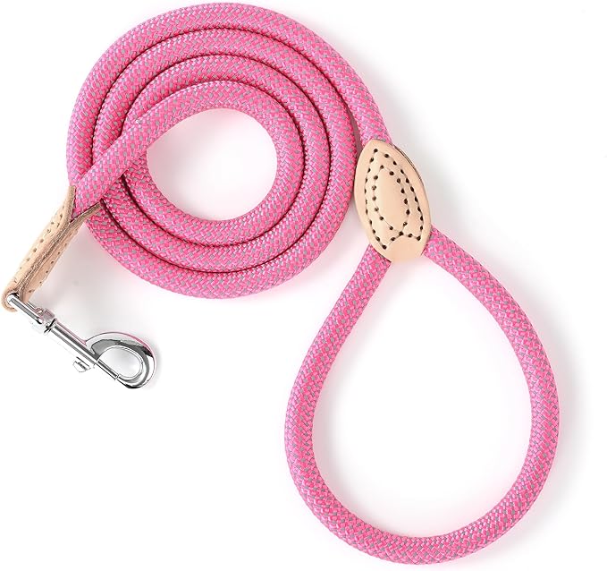 Mile High Life Rope Leash with Genuine Leather Connection, 6 FT/5 FT/4 FT, Heavy Duty Leash for Small Medium & Large Dogs (Hot Pink,48 Inch)