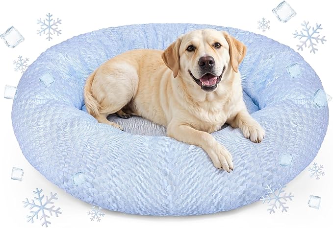 Donut Dog Bed for Large Dogs - Cooling Pet Bed with Removable Cover, Breathable Ice Fabric Summer Pet Beds for Medium & Big Dogs, Egg Tart Design (L)