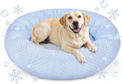 Donut Dog Bed for Large Dogs - Cooling Pet Bed with Removable Cover, Breathable Ice Fabric Summer Pet Beds for Medium & Big Dogs, Egg Tart Design (L)