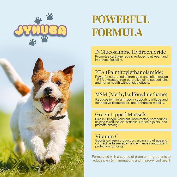 JYHUBA Hip & Joint Support for Dogs & Cats – Natural Joint Supplement with PEA, Glucosamine, MSM, Green Lipped Mussels – Promotes Mobility, Reduces Inflammation & Pain – Made in USA 2.5oz (72g)