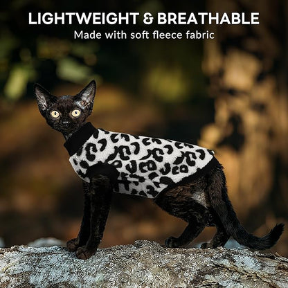 PUMYPOREITY Winter Warm Cat Sweater with Stretch Ribbed Collar & Cuffs, Snug & Secure Fit with Soft Plush Fleece, Easy-On Cat Sweatshirt for Indoor/Outdoor Use,Black Leopard, M