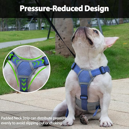 Huntboo Escape Proof Dog Harness, Escape Artist Harness, Reflective Dog Harness with Handle, Durable,Adjustable Vest for Small Medium Large Dogs Walking, Training, and Running Gear(Technicolor Blue,M)