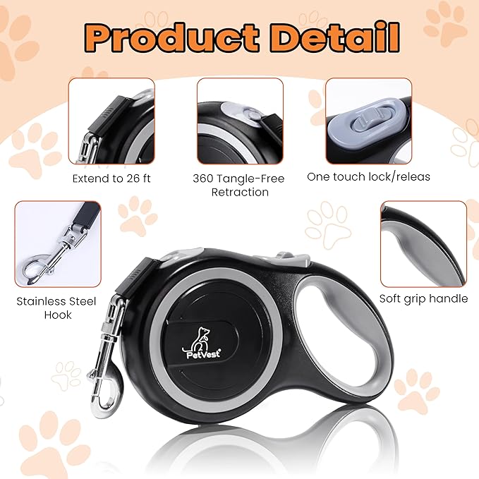 PetVest Retractable Dog Leash – Extendable up to 26 FT, Heavy Duty Nylon Tape, No-Tangle, One-Handed Brake & Lock, for Small to X-Large Dogs up to 110 lbs (Black)