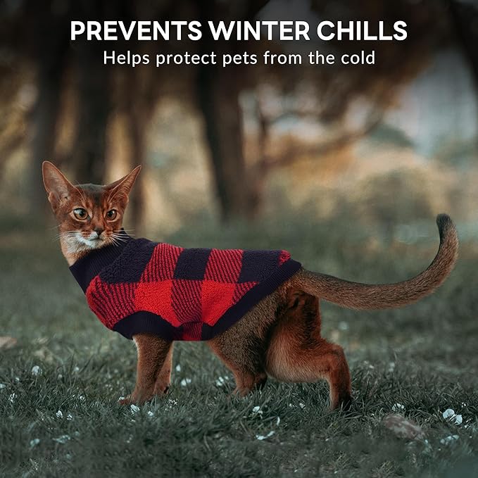 PUMYPOREITY Christmas Sweater for Cats, Cozy Fleece Cat Shirt - Stretchy & Warm, Super Soft Kitten Sweater, Machine Washable Pet Clothing for Comfort & Style, Red, M