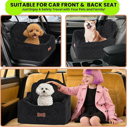 koneboss Dog Car Seat for Small Dogs Under 30lbs, Detachable Washable Pet Booster Seat with Safety Belt & Storage Pockets, Travel Car Bed, Black