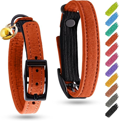 Leather Cat Collar with Bell and Safety Elastic Strap Breakaway Alternative for Small & Large Kittens, Stylish Pet Leather Collar for Boy, Girl Cats with Metal Buckle & QR ID Tag (Orange)
