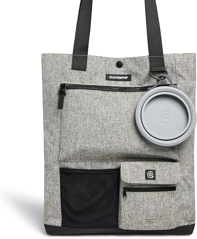 Cleverpup Park Pack 2-Piece Set Dog Gear Tote – Dog Travel Bag with 8 Pockets, Treat Pouch, Poop Bag Dispenser, Quick-Dry Ball Pocket, Collapsible Bowl, Perfect for Walks & Park Trips, Heather Grey