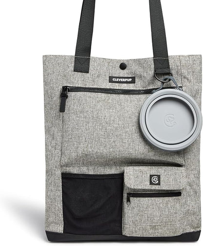 Cleverpup Park Pack 2-Piece Set Dog Gear Tote – Dog Travel Bag with 8 Pockets, Treat Pouch, Poop Bag Dispenser, Quick-Dry Ball Pocket, Collapsible Bowl, Perfect for Walks & Park Trips, Heather Grey