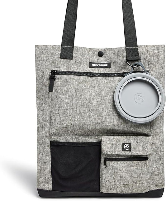 Cleverpup Park Pack 2-Piece Set Dog Gear Tote – Dog Travel Bag with 8 Pockets, Treat Pouch, Poop Bag Dispenser, Quick-Dry Ball Pocket, Collapsible Bowl, Perfect for Walks & Park Trips, Heather Grey