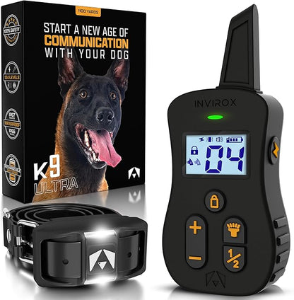 INVIROX Ultra K9 Dog Training Collar, 124 Levels for Reactive, Stubborn or Hard-to-Train Dogs, Long Range ¾ Mile, Night-Light Mode, Safe Communication, IP67 Waterproof E Collar for Large Dogs