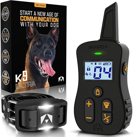 INVIROX Ultra K9 Dog Training Collar, 124 Levels for Reactive, Stubborn or Hard-to-Train Dogs, Long Range ¾ Mile, Night-Light Mode, Safe Communication, IP67 Waterproof E Collar for Large Dogs