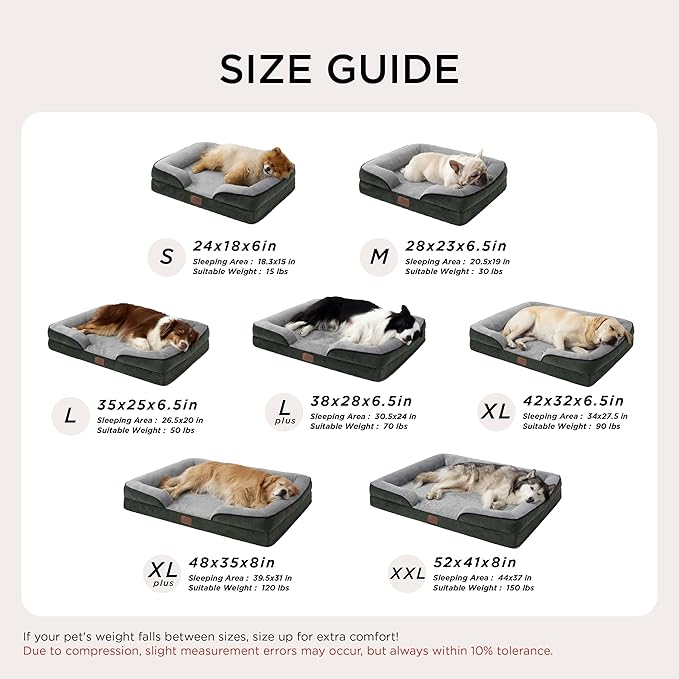 Bedsure L Plus Orthopedic Dog Bed for Large Dogs - Waterproof Dog Cat Bed, L Plus Big Comfort Dogs Couch Sofa with Washable Removable Cover, Pet Bed with Nonskid Bottom, Boreal Canopy Green, 38"