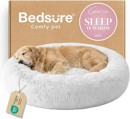 Bedsure Calming Dog Bed for Extra Large Dogs - Donut Washable Large Pet Bed, 45 inches Anti-Slip Round Fluffy Plush Faux Fur Dog Bed, Fits up to 120 lbs Pets, Frost Grey