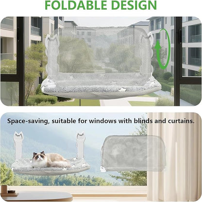 2 Pack Cat Window Perch, Glow in The Dark Foldable Cat Window Hammock with Sunken Design, Removable Soft Cover, Breathable Cordless Window Bed for Cats Inside Holds up to 40lbs (Star Grey, M)