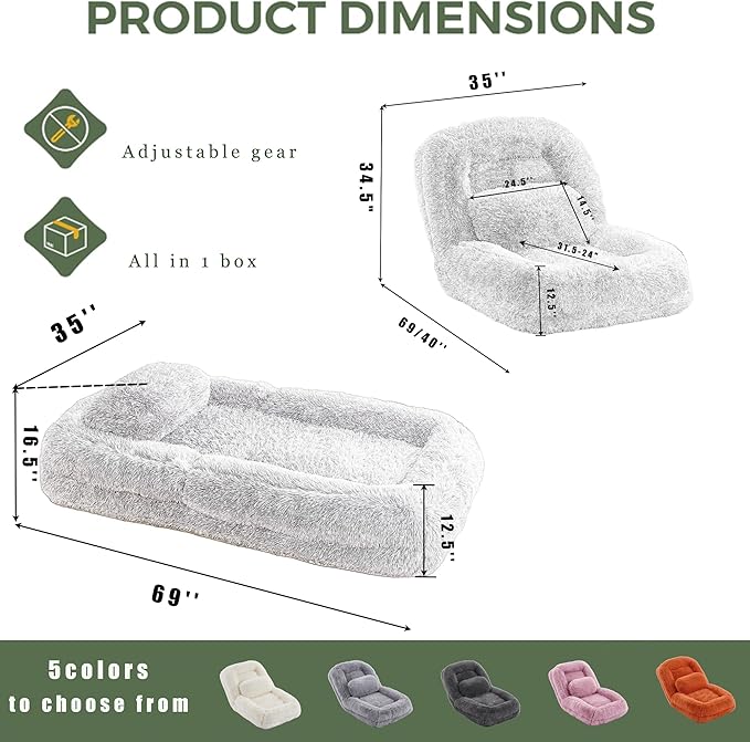 KEIKI 69" Human Dog Bed for Adults, Plush Faux Fur Giant Dog Bed with Adjustable Recliner Function, Foldable Nest Sofa with Pillows for Bedroom or Living Room, Beige
