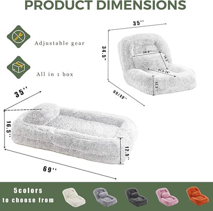 KEIKI 69" Upholstered Human Dog Bed for Adults, Foldable Plush Faux Fur Lazy Sofa Bed with 5 Adjustable Positions and a Pillow, Giant Human Size Dog Bed for People, Light Gray