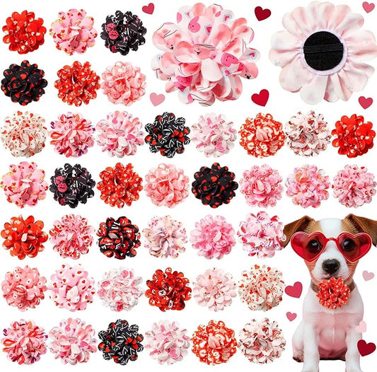 50 Pcs Valentines Day Dog Collar Flowers Bulk Pin and Red Heart Dog Flower Grooming Charms Accessories for Cat Pets Collar Attachment Embellishment Valentine's Day Sweet Party Costume