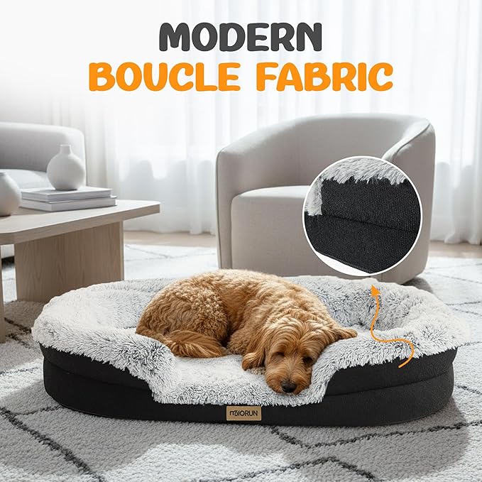 Miorun Fluffy Orthopedic Dog Bed for Small & Medium Dogs and Cats, Calming Plush Sofa Bed with Curved Bolster Support and Egg-Crate Foam Base, 35" Cozy Oval Pet Donut Bed with Washable Cover, Gray