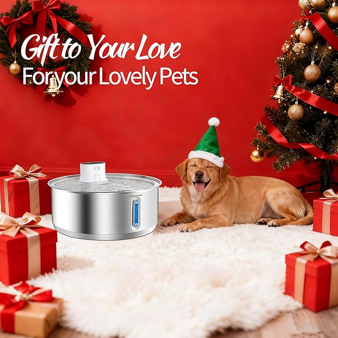 Wireless Dog Water Fountain, Petsamuse 5000mah Battery Operated Water Fountain for Dogs, 2.1Gal/8L Stainless Steel Cat Water Fountains for Cats & Dogs, Ultra-Quiet Water Bowl Dispenser with 13 Filters