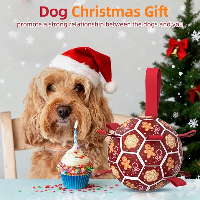 Diman Dog Soccer Ball with Straps, Christmas Dog Toys, Pet Toys Balls for Meium Large, Pet Birthday Gift, Outdoor Pet Toys for Tug of War (7 Inch)