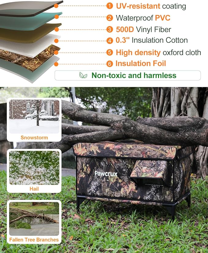 Weatherproof Heated Cat House for Outdoor in Winter, Heated Cat Bed Kitty Shelter with Cat Heating Pad, Insulated & Safe Escape Door, Warm House for Outside Stray Cat (Leaf Color, 16"x28"x19")