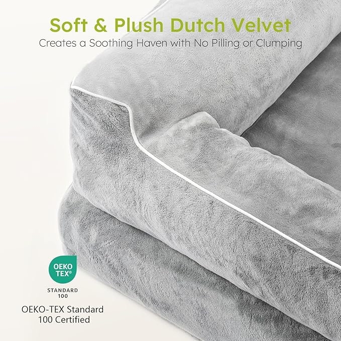 CWAWZ Dog Beds for Large Dogs, Orthopedic Dog Bed with Cooling Gel Memory Foam, Waterproof Large Pet Bed with Removable Washable Cover, 36" Pet Sofa Couch Dutch Velvet with Bone Toy, Light Gray