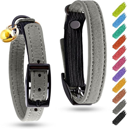 Leather Cat Collar with Bell and Safety Elastic Strap Breakaway Alternative for Small & Large Kittens, Stylish Pet Leather Collar for Boy, Girl Cats with Metal Buckle & QR ID Tag (Gray)