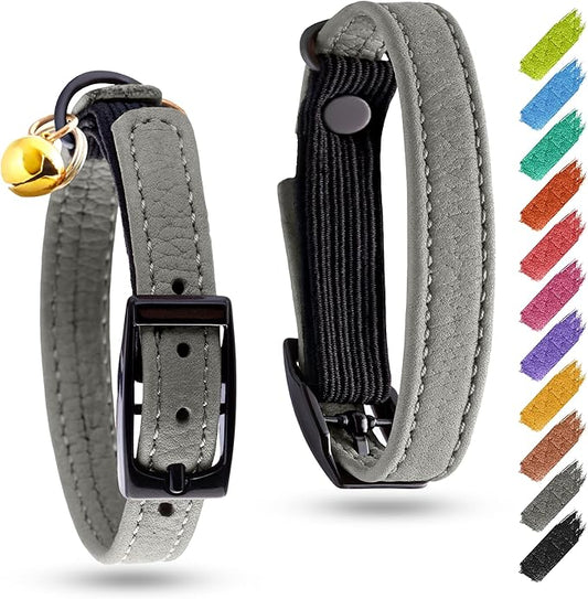 Leather Cat Collar with Bell and Safety Elastic Strap Breakaway Alternative for Small & Large Kittens, Stylish Pet Leather Collar for Boy, Girl Cats with Metal Buckle & QR ID Tag (Gray)